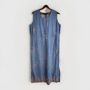 Vintage 90s Denim Dress M/L Embroidered Mom Shift‎ Pinafore Cottage Modest